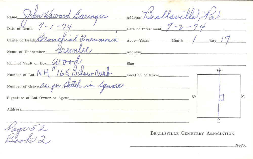 John Howard Baringer burial card